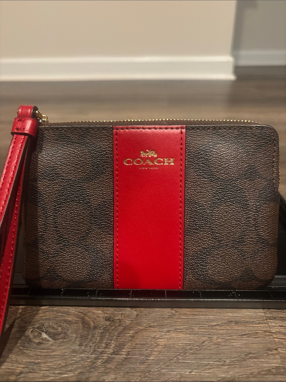 Coach Brown Signature Wristlet with Red Center Stripe